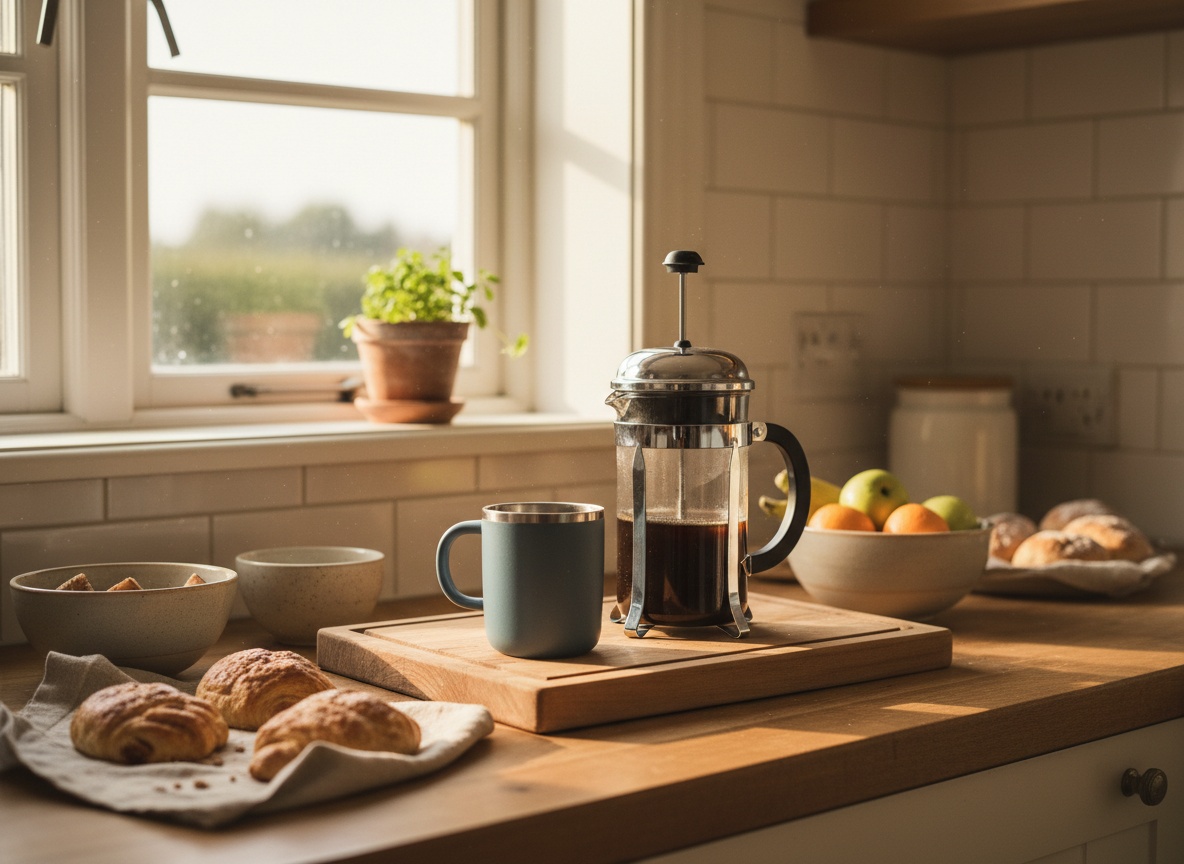 Home coffee setup on a kitchen counter in morning light
