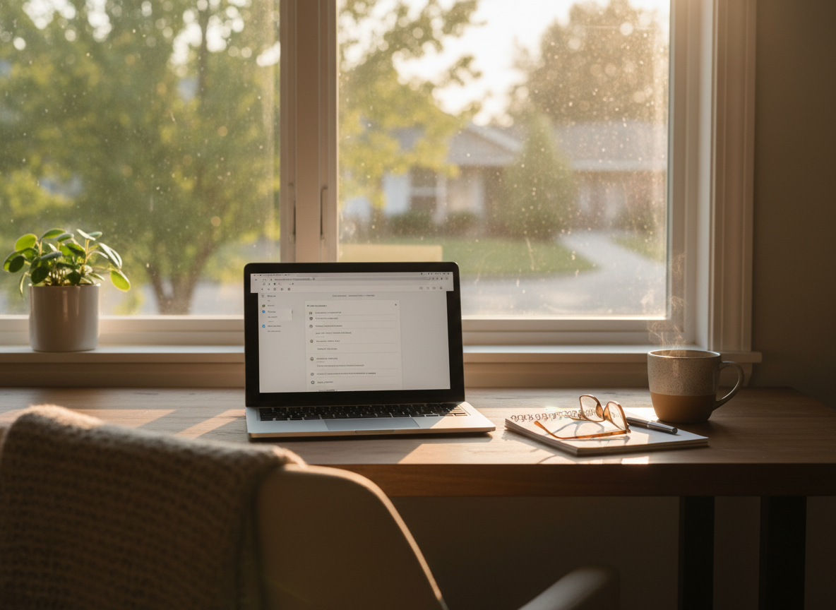 Home office desk with laptop and tea near a window