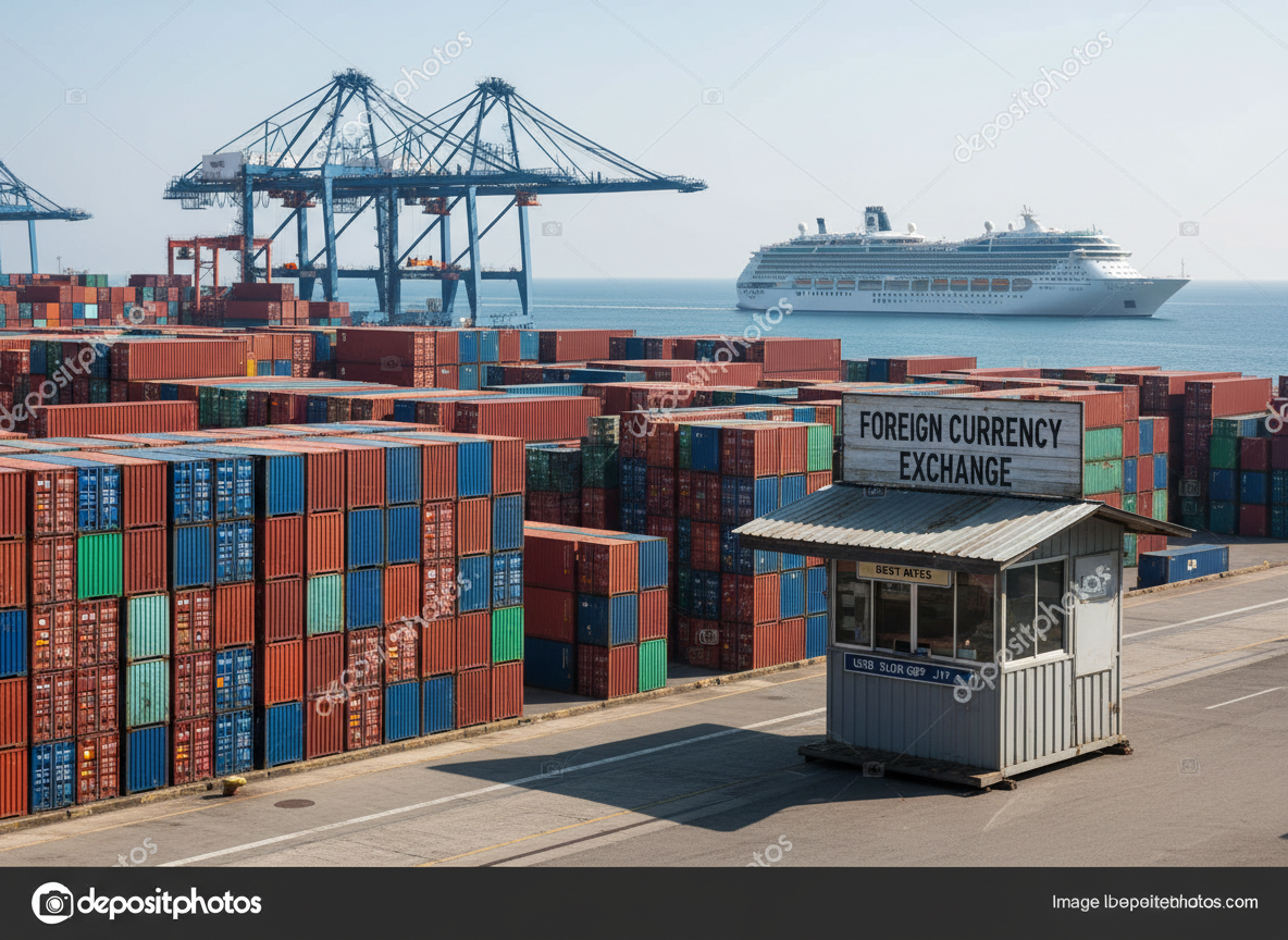 Shipping port with cargo containers and a currency exchange sign
