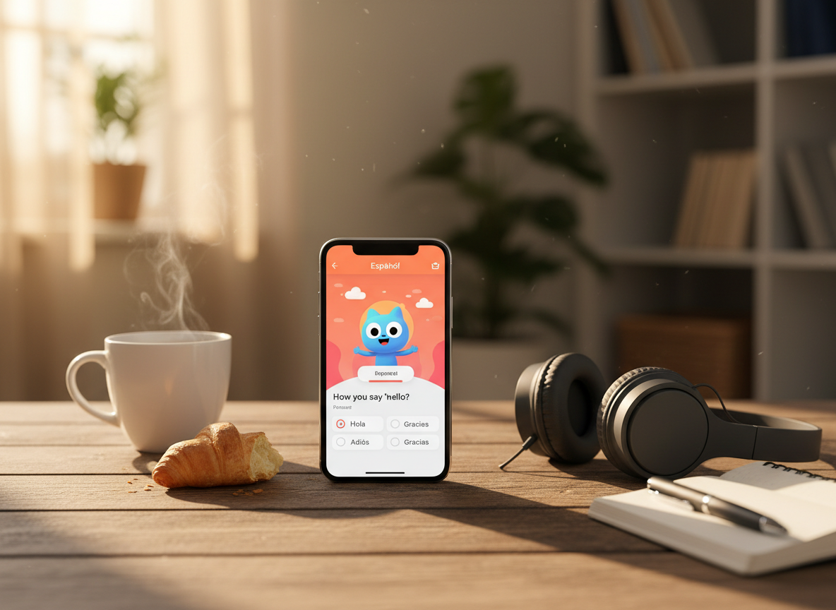 Smartphone showing a language learning app on a desk