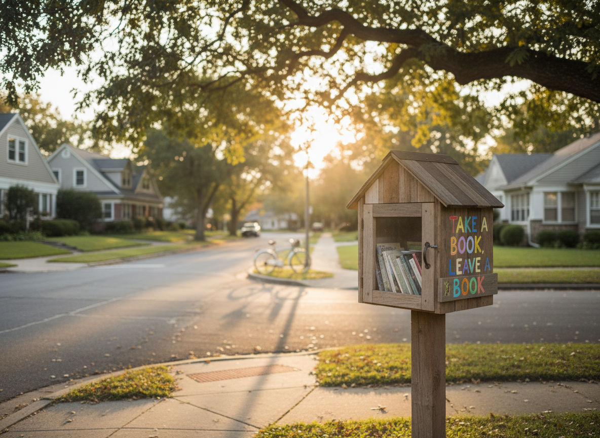 Neighborhood little free library box on a street corner