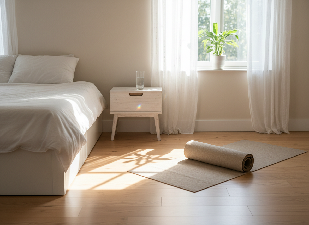 Sunlit bedroom with a yoga mat and glass of water
