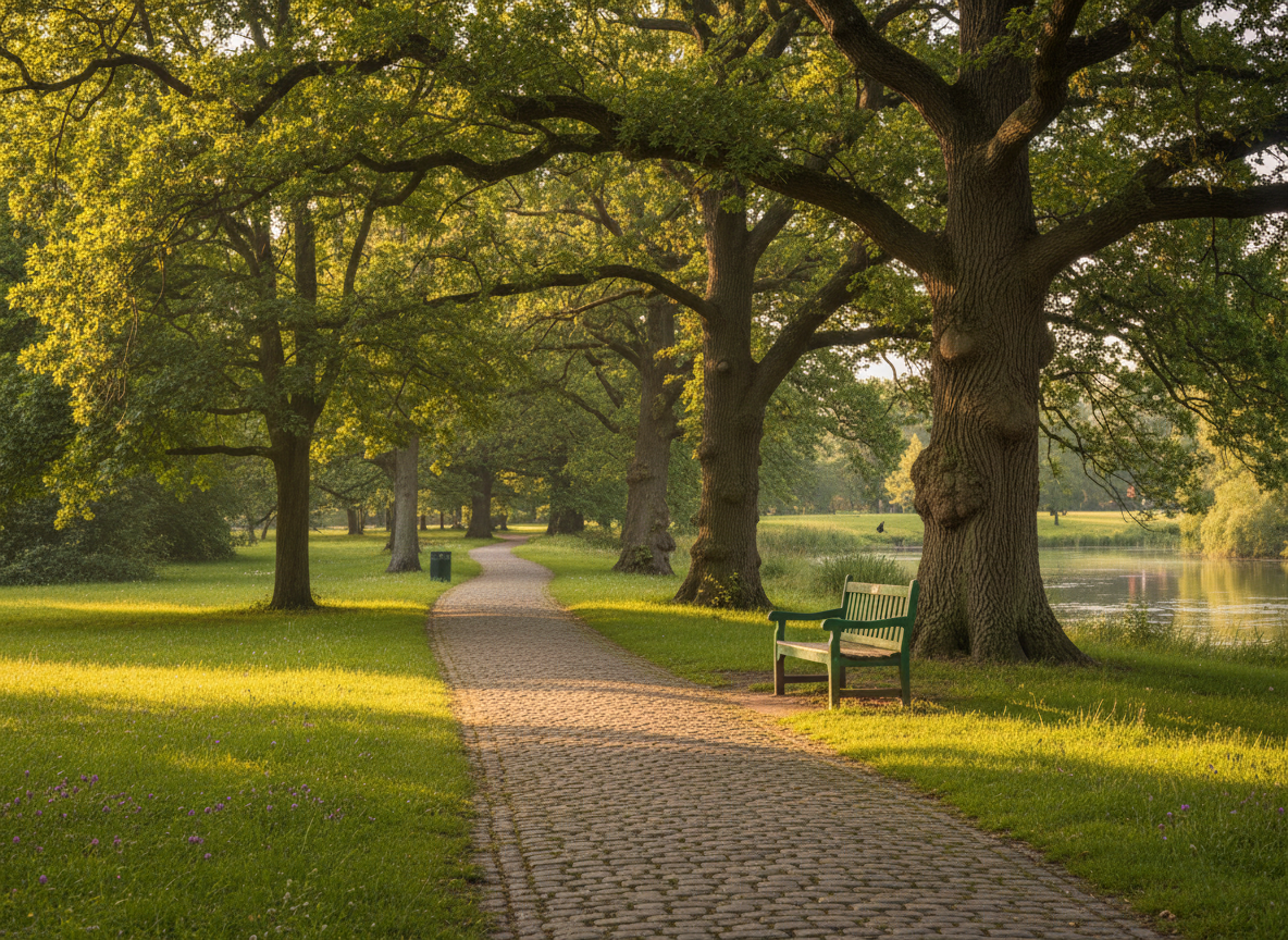 Quiet park walking path with trees and a bench
