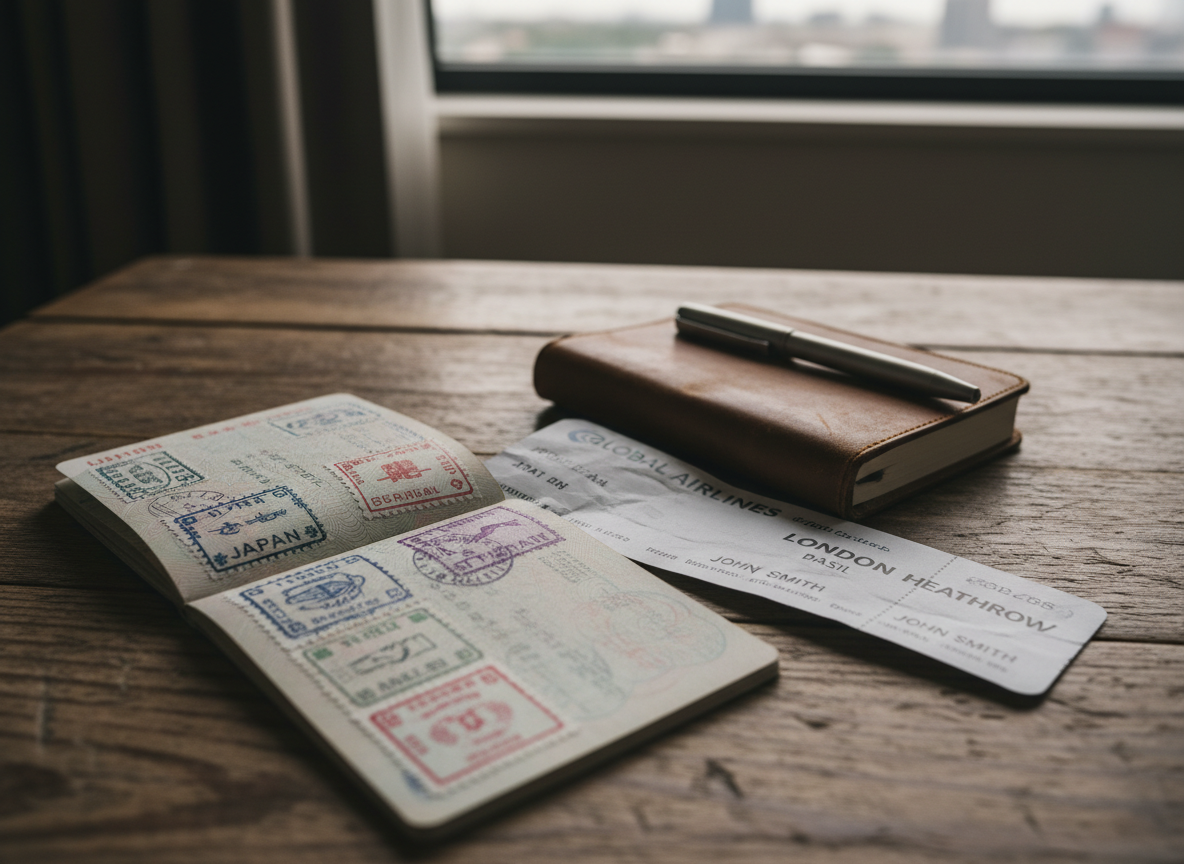 Passport with visa stamps next to a boarding pass