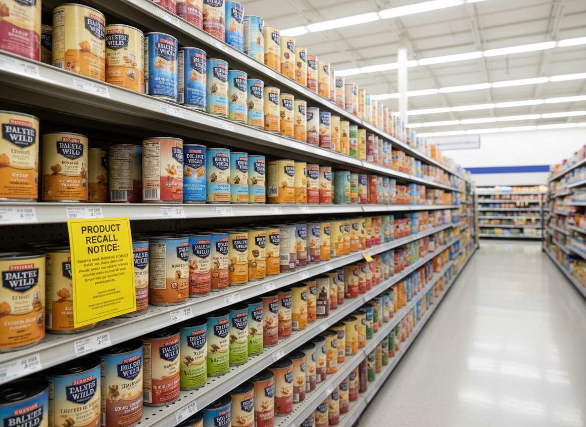 Pet food cans on a store shelf with a recall notice
