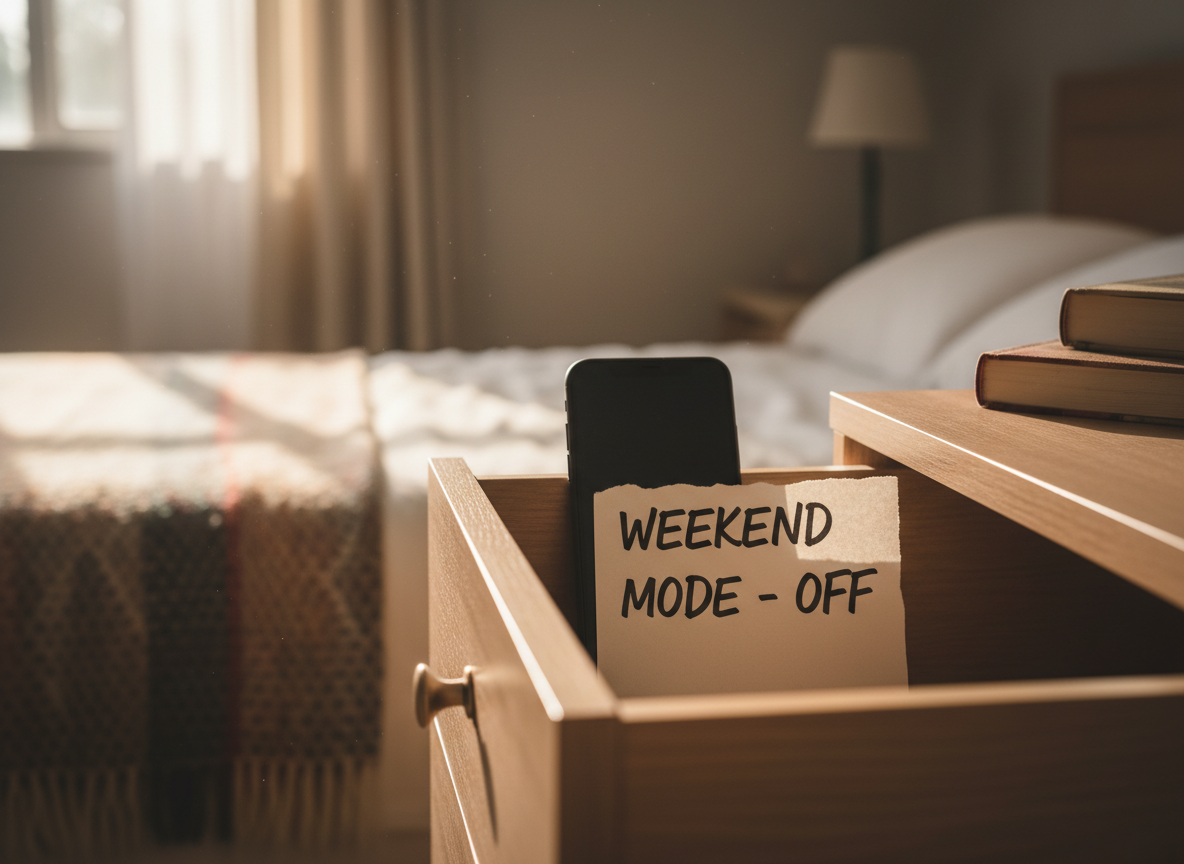 Phone placed in a drawer on a calm weekend morning