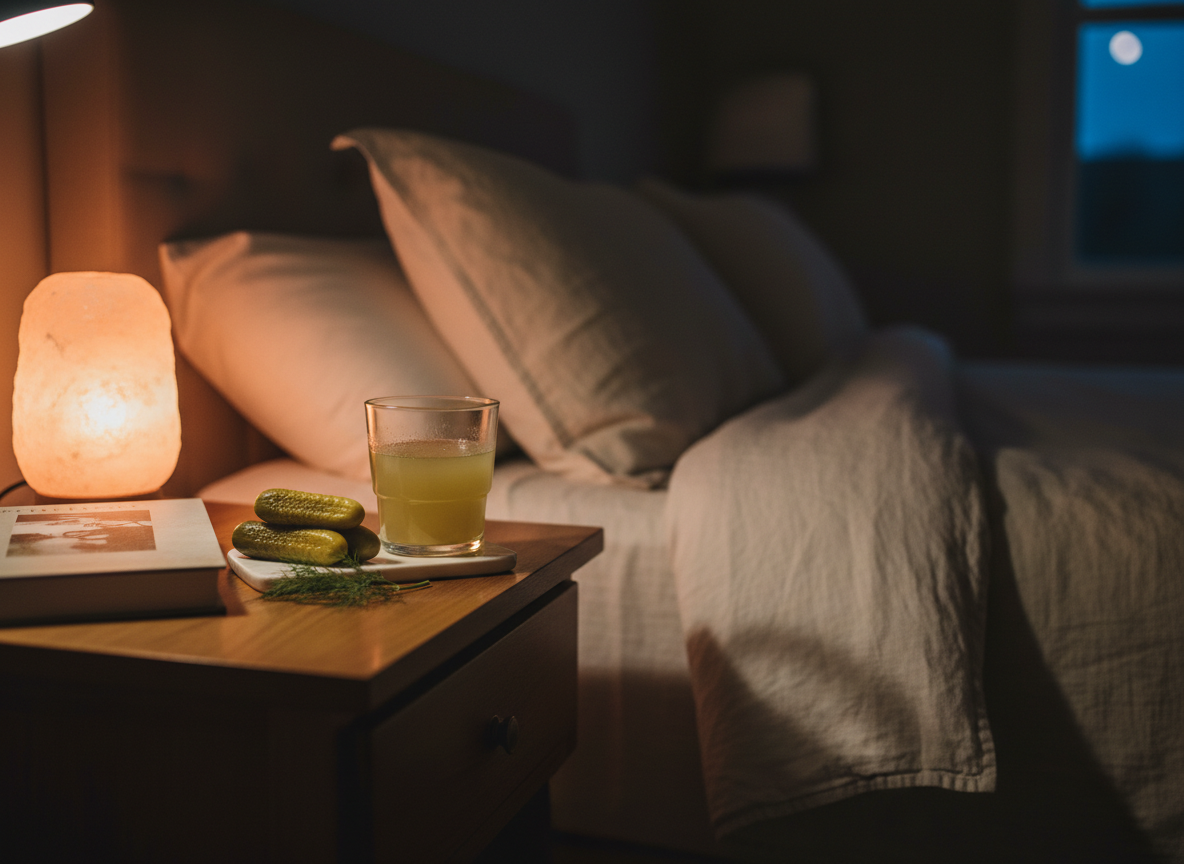 Small glass of pickle juice on a nightstand at night