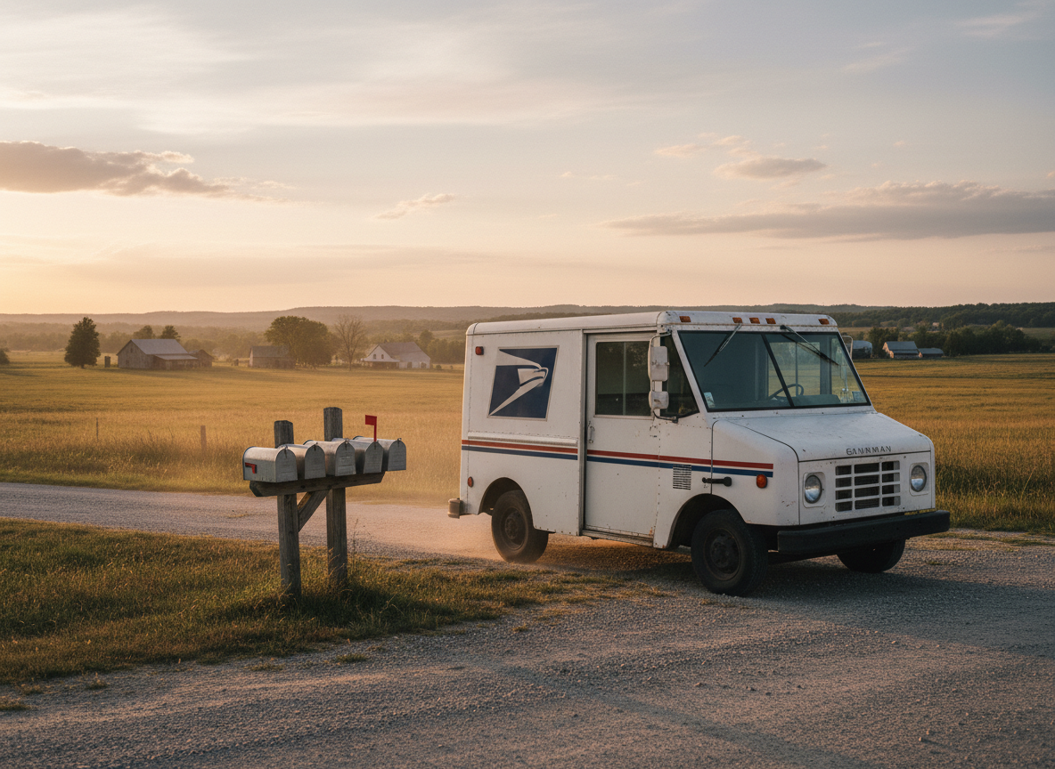 Mail truck parked by mailboxes on a rural road