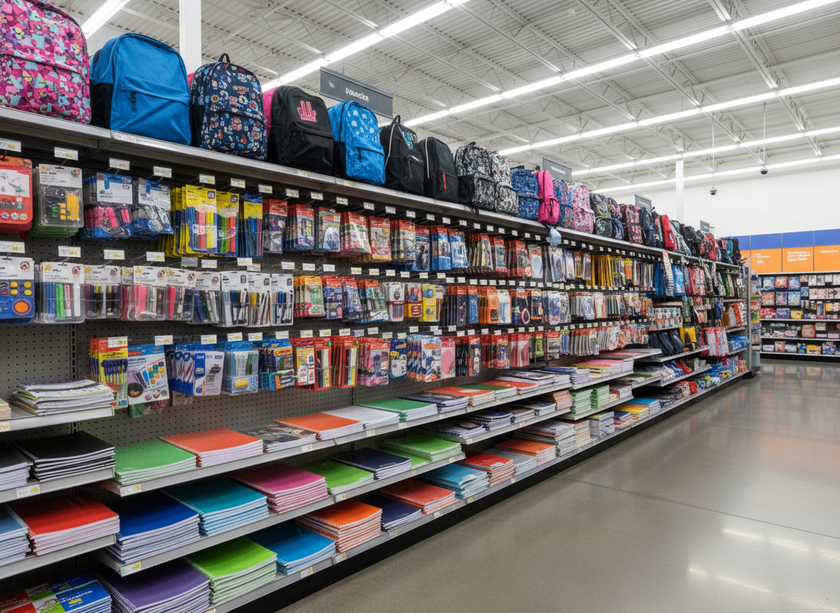 Store aisle stocked with school supplies and backpacks