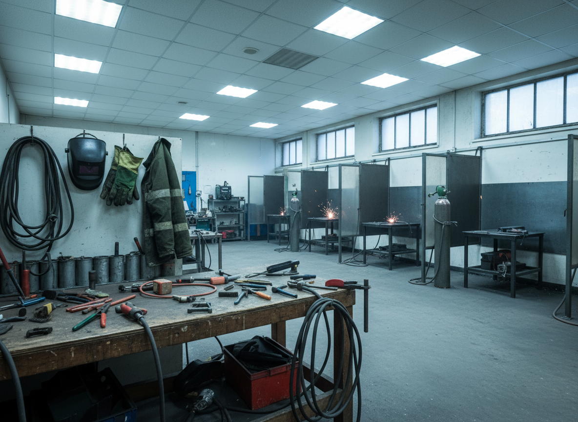 Trade school welding workshop with tools on a bench