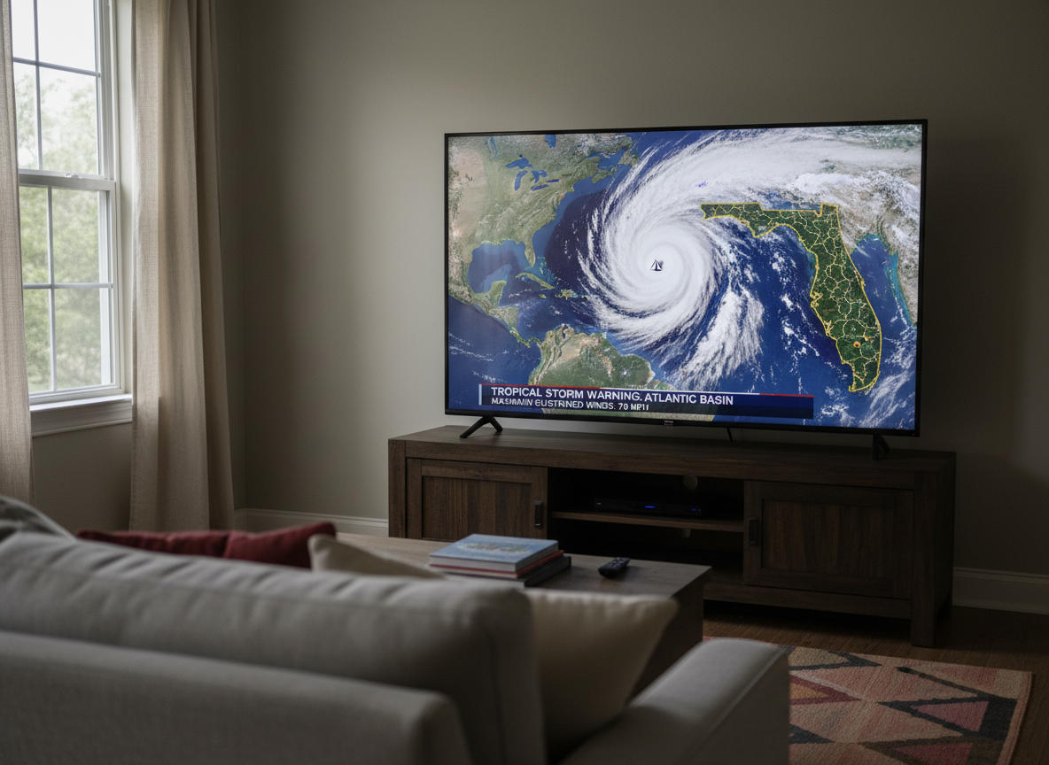 TV screen showing a satellite weather map of a tropical storm