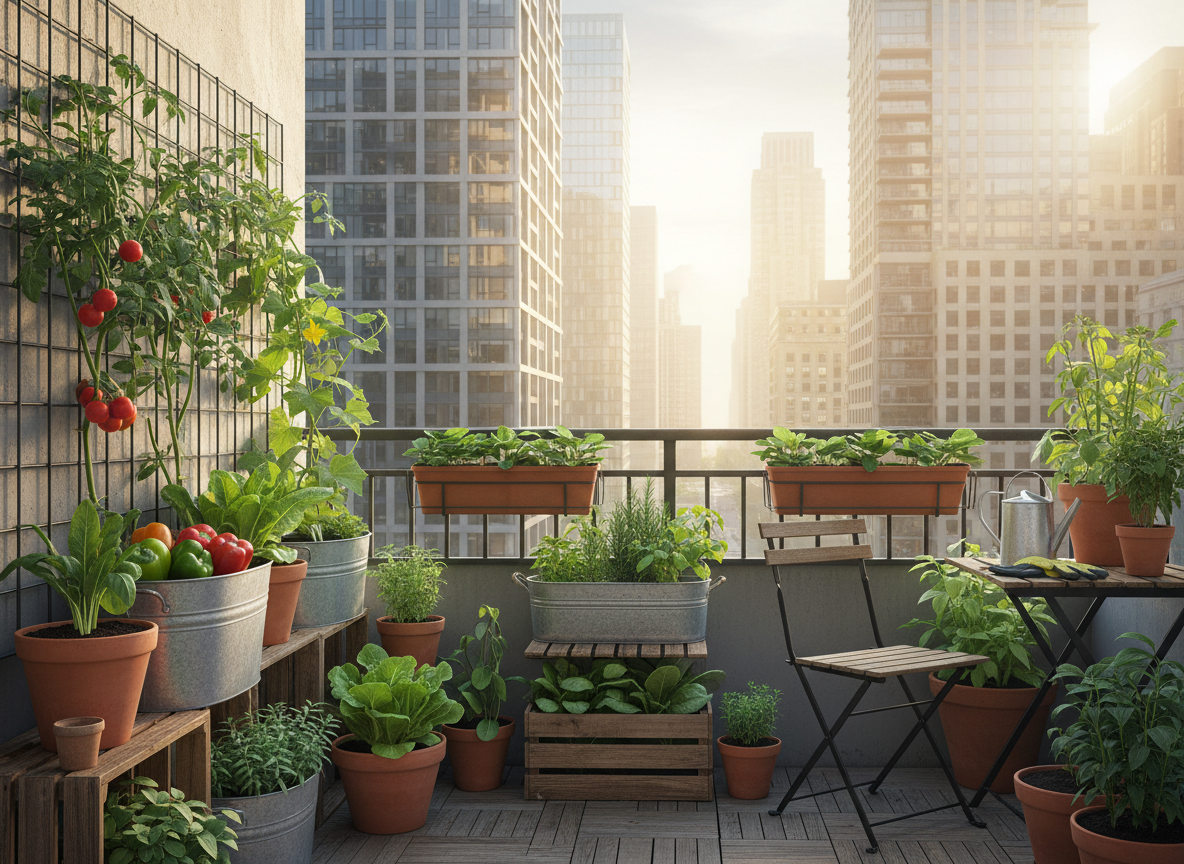 Small urban balcony garden with vegetables in containers