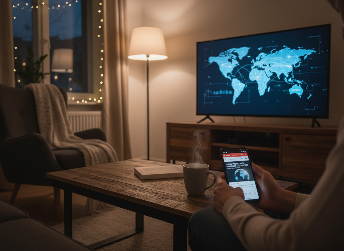 Living room with a TV showing a world map and a phone with a news app