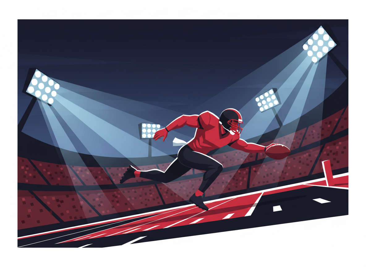 Editorial football illustration: a running back scoring a touchdown, end zone pylon, Monday night stadium lights, clean modern flat design, red and black tones, no text, no logos, no real team branding, no real people
